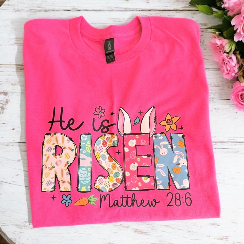 NEW Super Cute Custom Made Short Sleeve Bright Pink Tee - ‘He Is Risen’ - Size L
